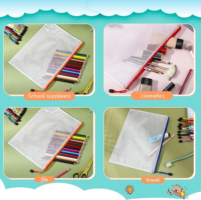 Zhehao 250 Pcs Mesh Zipper Pouch Bags Bulk A4 13.19 x 9.45 Inch Zipper Pouch Waterproof Clear Pencil File Storage Bags Organizer for Teacher School Organization Supplies(Colorful)