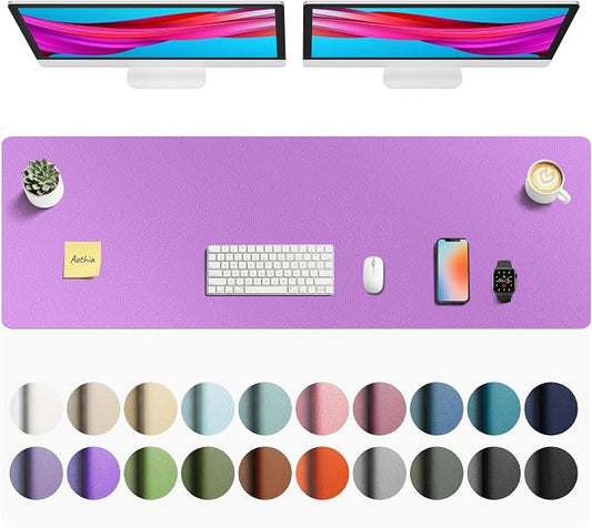 Aothia Faux Leather Desk Mat - Non-Slip PU Leather Desk Blotter, Waterproof Writing Surface, Large Desk Pad for Office & Home (Iris Violet, 55" x 17")