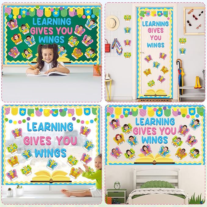 Learning Gives You Wings Bulletin Board Decorations Set Classroom Summer Butterfly Name Tags DIY Photo Cutouts Back to School Positive VBS Bulletin Board Decor for Teacher Nursery Chalkboard Wall