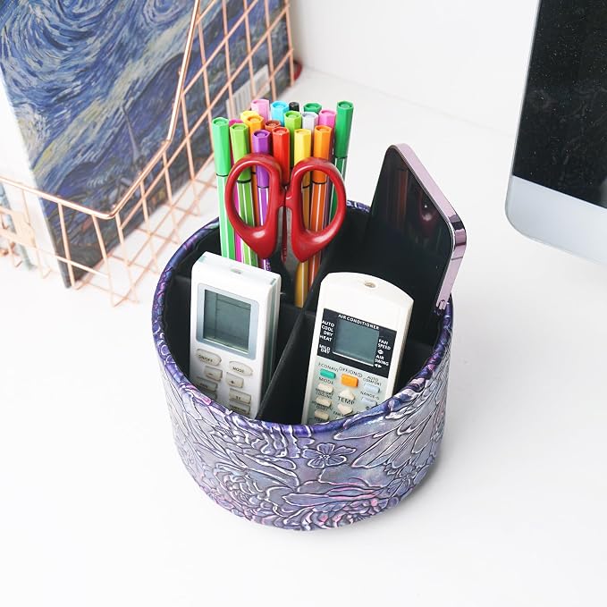 Round Leather Art Supply Organizer,Remote Control Holder,360 Degree Spinning,Multi-Functional Pencil Holder,4 Compartments Desktop Stationary Organizer(1-Rich Flower Purple)