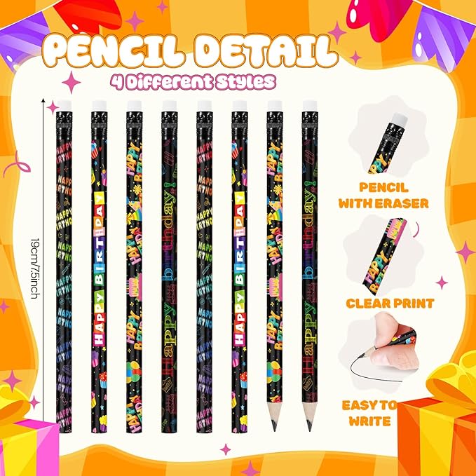 Sabary 60 Pcs Happy Birthday Pencils Colorful Birthday School Student Supplies Unsharpened HB Pencils with Erasers Stationery Bulk for Teacher Classroom Reward Party Supplies(Black,Birthday)