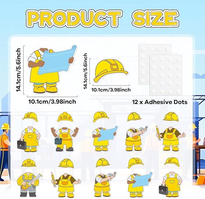 60pcs Constructor Cutouts Construction Helmet Classroom Bulletin Board Decoration Construct Theme DIY Photo Craft Cutouts Construction Theme Classroom Supplies for Kids School Chalkboard Wall Decor