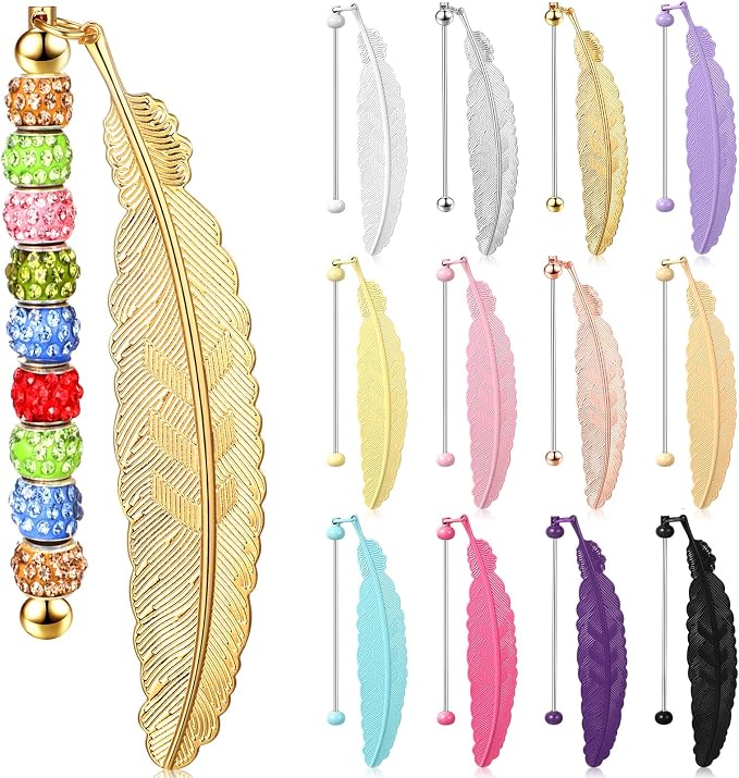 Kosiz 12 Pcs Beadable Bookmark Vintage Feather Metal Bookmark Beading Bookmarks Gifts for Student Office Teacher Birthday Present