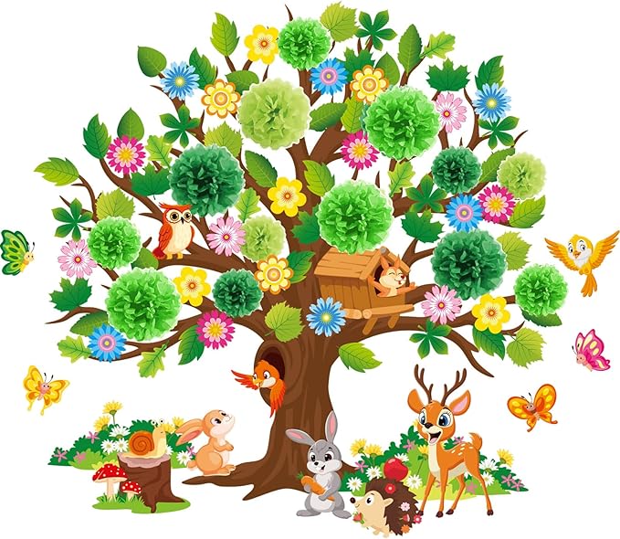 Pajean 126 Pieces Classroom Tree Bulletin Board Set Spring Tree Bulletin Board Decoration with Paper Pom Poms 3D Flowers Leaves Butterfly Cutouts for School Classroom Home Wall Chalkboard Decor