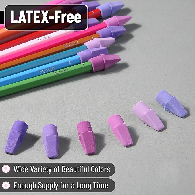 Mr. Pen- Pencil Top Erasers, 120 Pack, 6 Different Purple Shade Colors, Latex-Free & No Smudge Pencil Eraser Tops