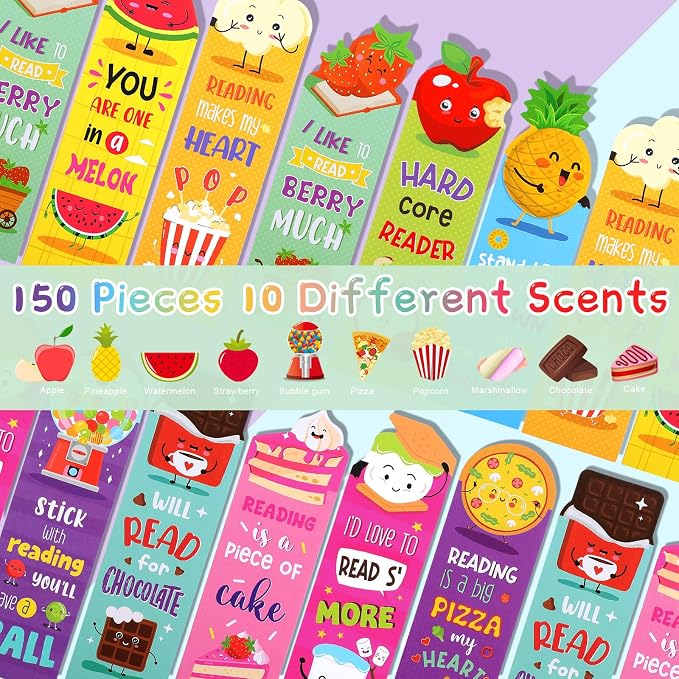 Eersida 150 Pieces Scratch and Sniff Scented Bookmarks Kids Fruit Food Theme Sayings Bookmarks Sayings Assorted Cute Scented Gifts for Students Teens Food Lovers, 10 Styles
