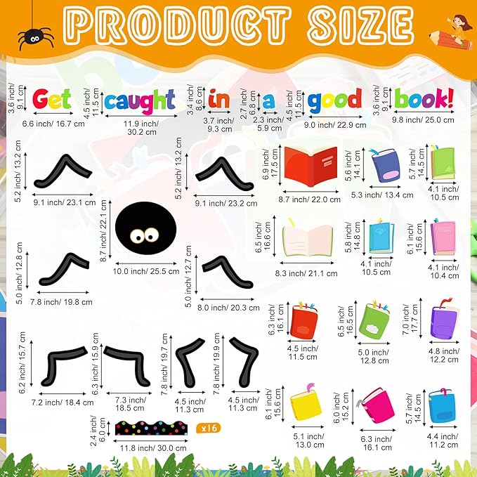 Pasimy Halloween Reading Bulletin Board Decorations Book Classroom Decor Library Bulletin Board Set Spider Paper Cutouts Border for Halloween Fall Holiday Office Home Wall Door Craft Supplies