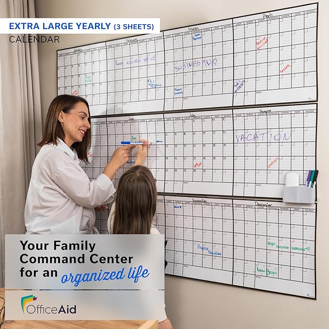 Yearly Dry Erase Calendar for Wall, 45x55, 12 Month Wall Calendar Dry Erase, Full Year White Board for Office, Home & School, Giant Annual Erasable Whiteboard, Jumbo Undated White Board Planner
