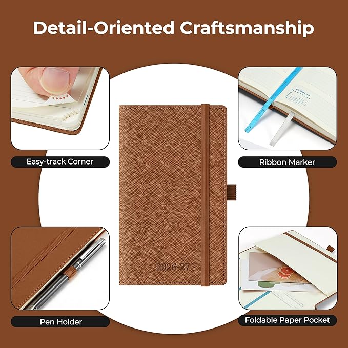 Weekly Monthly 2026-2027 Planner (July 26-Dec 27),6.5"x3.75",18 Months Agenda Plan with Month Tabs & Pocket,Expenses/Note Pages, Academic Calendar with Vegan Leather Cover,Brown