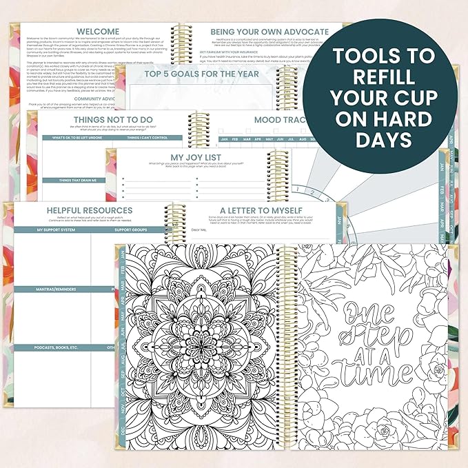 bloom daily planners Undated Chronic Illness Planner & Medical Journal - 12 Month Pain & Symptom Tracker, Mood & Medication Log, Appointment Organizer (7” x 9”) - Brushstroke Blooms