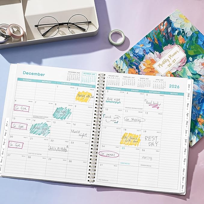 Monthly Planner 2026-2027 - 9" x 11" Large 18 Monthly Planner 2026-2027 (Jul. 2026 - Dec. 2027), 26-27 Monthly Calendar Planner with Twin-wire Binding + Tabs + Back Pocket - Floral