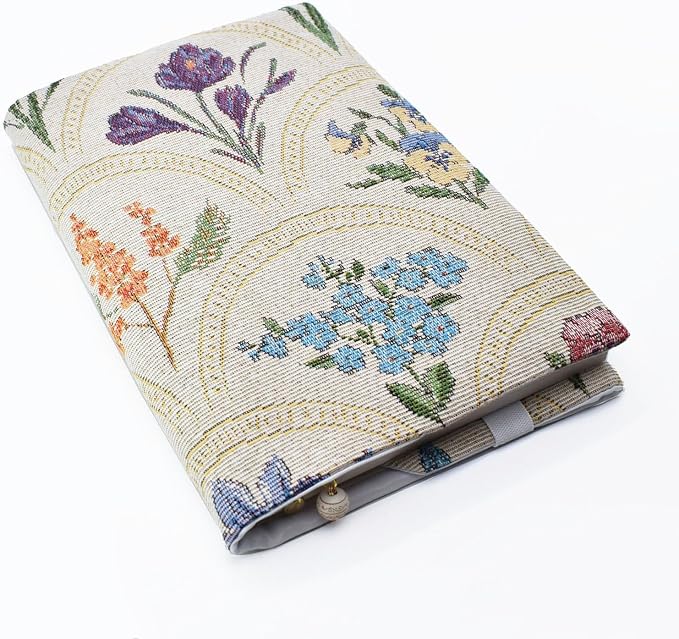 BLBMH 5.5x8.5 Fabric Bible Cover Non-Stretch | Built-in Bookmark | Handmade Washable Book Sleeve for Paperback Journal Privacy Reading Gift for Women - WD Flower White