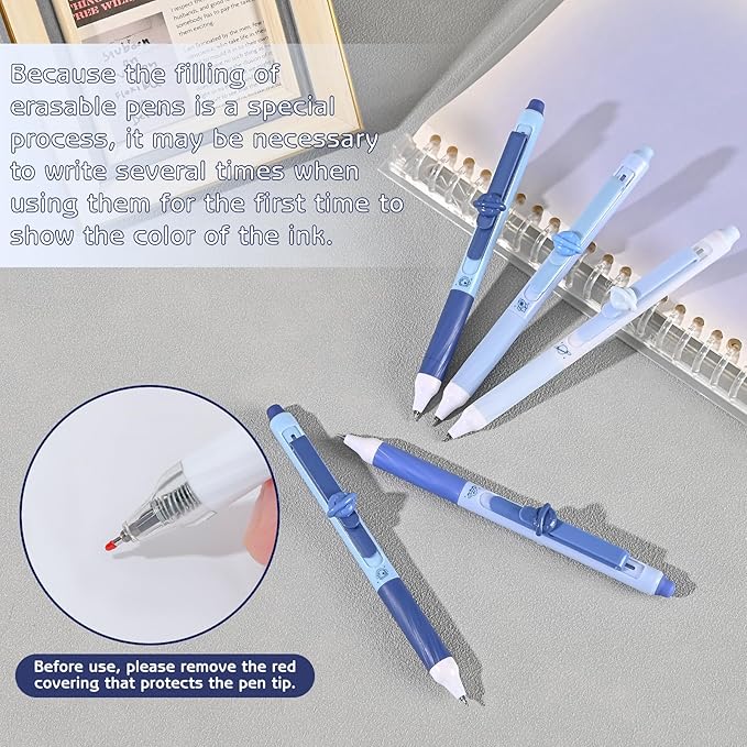 8 Pcs Cute Erasable Gel Pens with Erasers, 0.5 mm Fine Point Black & Blue Ink Pens, Smooth Writing Retractable Pen for Note Taking and Crossword Puzzles (Blue)