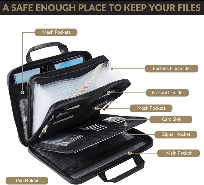 Garvee Fireproof Document Box with Lock, Waterproof Fire Safe Hard Case File Box, Portable Important Document Storage Organizer Bag for Homeowners Office & on the Go, Black
