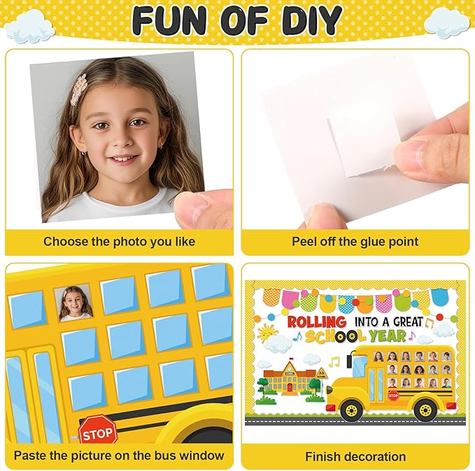 Funrous 89 Pcs Back to School Bulletin Board Set Yellow Bulletin Board Borders Yellow Bus Cutouts DIY Photo Crafts Rolling into a Great School Year Classroom Decor for Welcome Back Classroom Office