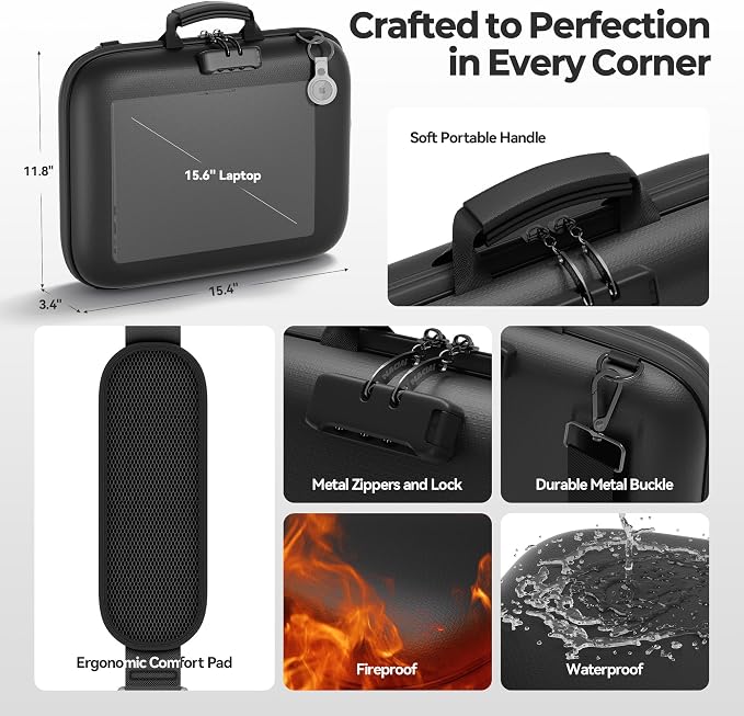 Nacial Fireproof Document Box with Lock & Shoulder Strap, Hard-Shell Fireproof File Organizer with 13 Pocket Accordion File Folder, Portable Safe Storage for Important Documents, Laptop, Black