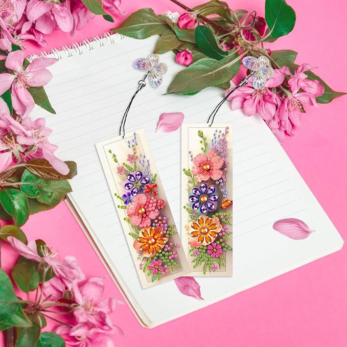ARTopet 3Pcs DIY Diamond Art Painting Bookmarks with Colorful Butterfly Pendant PET Bookmark Ornament Double Sided Pattern Single Sided Diamond Book Marker Clip Gifts Tags-Flowers07