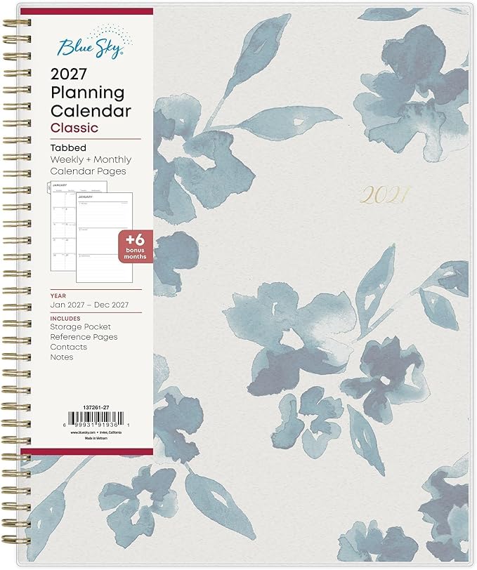 Blue Sky 2027 Weekly and Monthly Planner Calendar, January 2027 - December 2027, 8.5" x 11", Flexible Cover, Laminated Tabs, Durable Twin Wire Binding, Storage Pocket, Bakah Blue