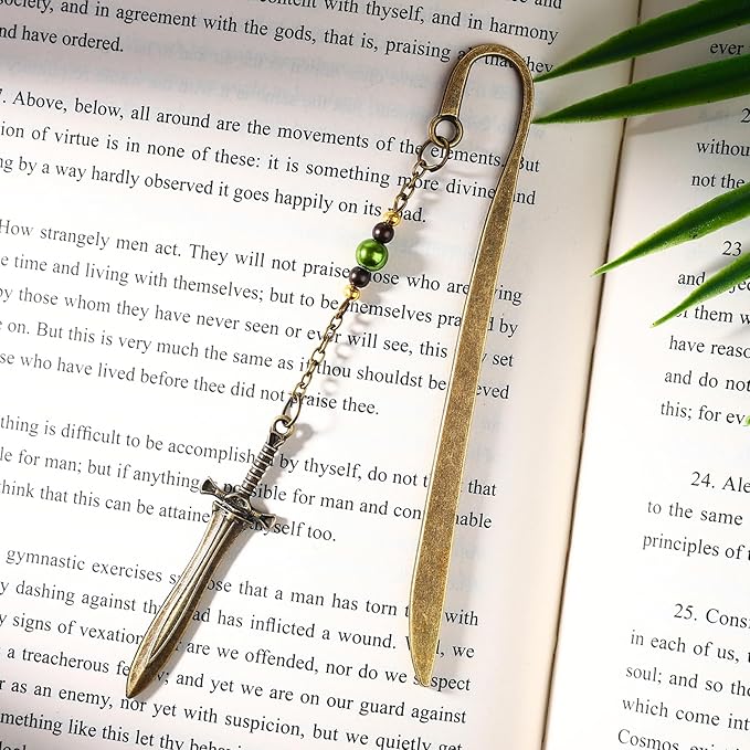 Vintage Dagger Sword Pendant Brass Metal Hook Bookmark with Bead Chain,Handmade Bookmarks for Reading Women,Men,Book Lovers,Girls,Teens,Teachers and Students