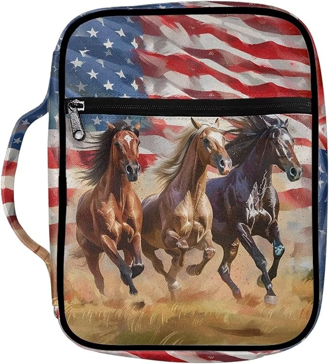 Suobstales American Flag Horse Print Bible Covers for Women Men,Carrying Book Bible Case Church Bag Lightweight Bible Bag Bible Protective with Handle and Zippered Pocket