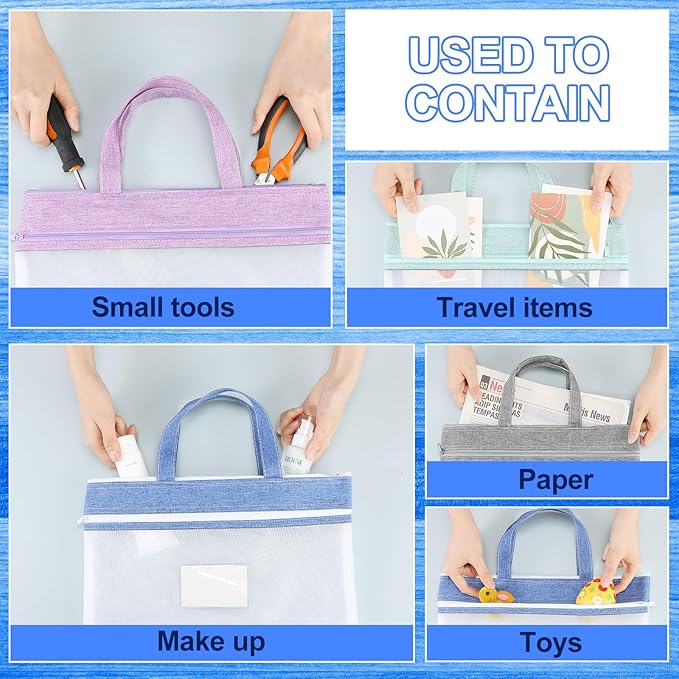 Zhehao 24 Pcs Student Book Pouches with Handle Document Bag Sew Project Bag for Quilting Mesh Zipper Pouch File Artwork Storage Organize for A4 Files, 14 x 11 Inch