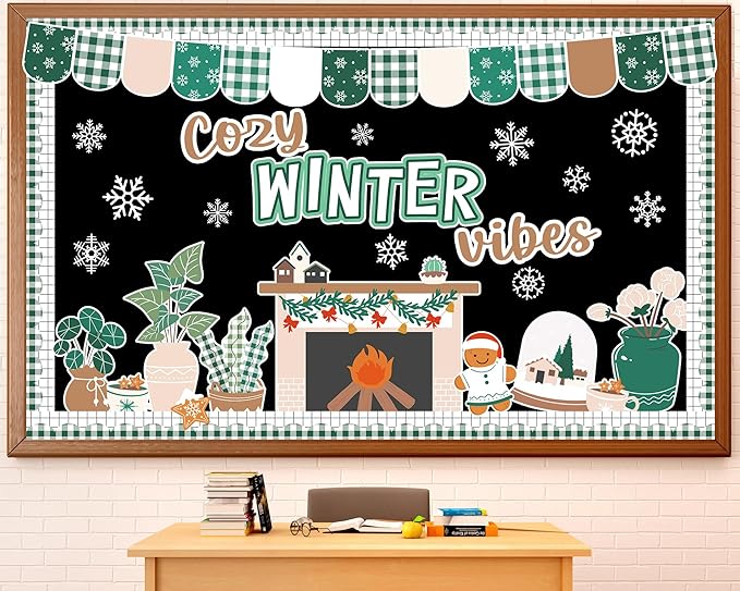 Justforjoyful Christmas Bulletin Board Decorations Winter Fireplace Cutouts Snowflake Gingerbread Bulletin Board Set Xmas Tree Plant Classroom Decor for Holiday Home School Wall Christmas Party Supply