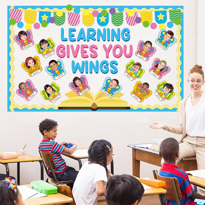Learning Gives You Wings Bulletin Board Decorations Set Classroom Summer Butterfly Name Tags DIY Photo Cutouts Back to School Positive VBS Bulletin Board Decor for Teacher Nursery Chalkboard Wall