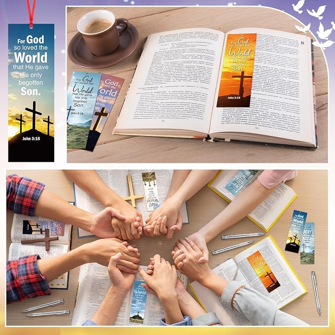 Dispowreath 24 Pcs/ 12 Sets John 3: 16 Church Gifts Religious Christian Gifts Include 12 Bible Verse Pen, 12 Religious Cross Bookmark for Church Handouts Prizes Party Favors