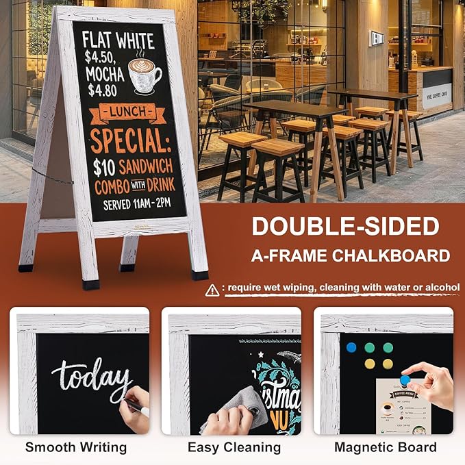 Wood Magnetic A-Frame Chalkboard Signs, 40" x 20" Large Sandwich Board Signs Outdoor, Double-Sided Sidewalk Blackboard for Business, Wedding, Vendor Display, Coffee Shope - White