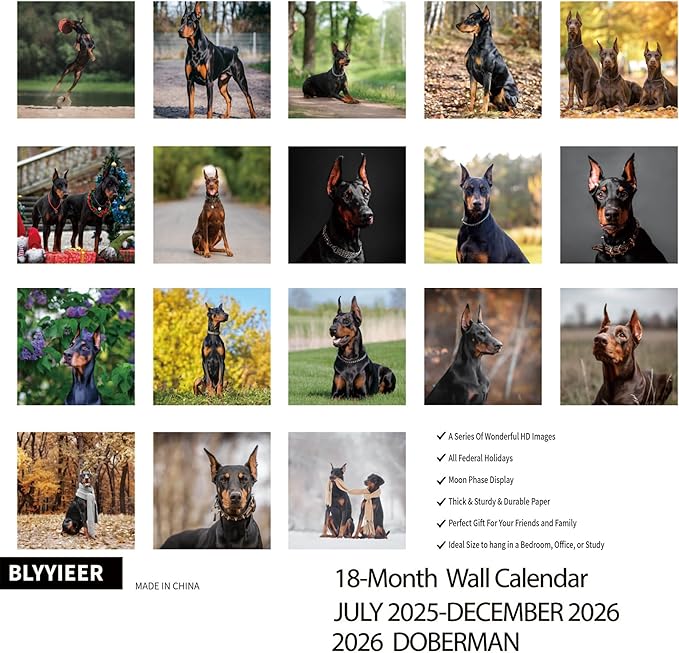 2025-2026 Wall Calendar,Doberman Wall Calendar, 12" x 24" Open,Family Planner Calendar Organizer with Doberman Images, for Dogs Lovers