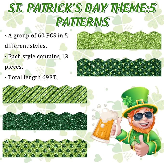 Whaline 69 Ft St. Patrick's Day Glitter Bulletin Board Borders 5 Designs Shine Green Shamrock Clover Stripe Dot Border Trim Bulletin Board Stickers for Classroom Office Irish Party Decor