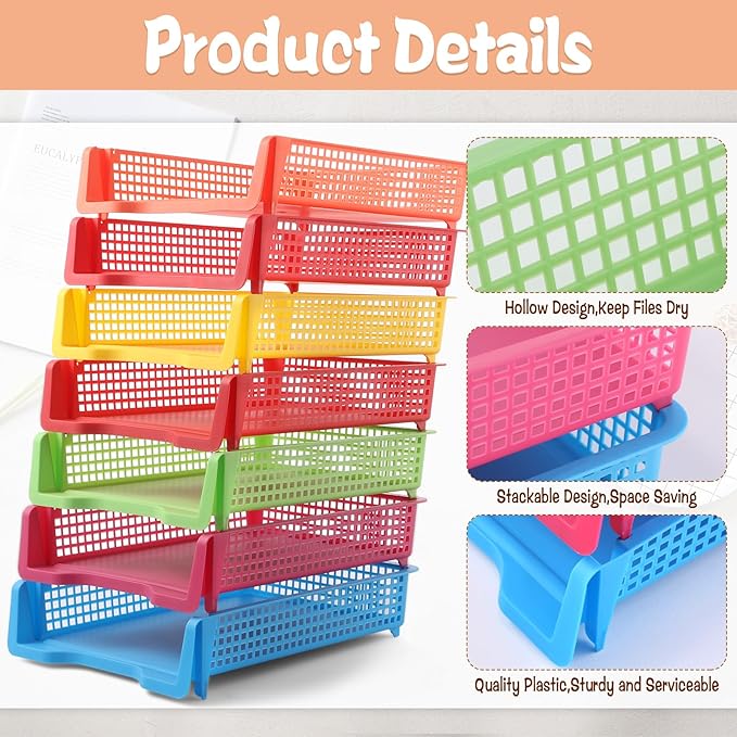 7 Pack Colorful Turn in Trays Classroom Plastic Stackable Paper Tray Teacher Office Files Document Storage Playroom Organization for Office Home Teachers Organization Storage, 9 x 13 x 3 Inches