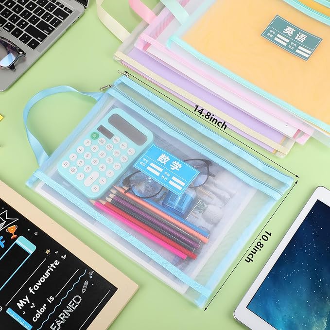 MotiMind 12 Pack Double Layer Mesh Zipper Pouch Bags 14.8 x 10.8 Inch Large Capacity Mesh Toy Storage Bags Colored Organizer Pouch with Handle for School Office and Home