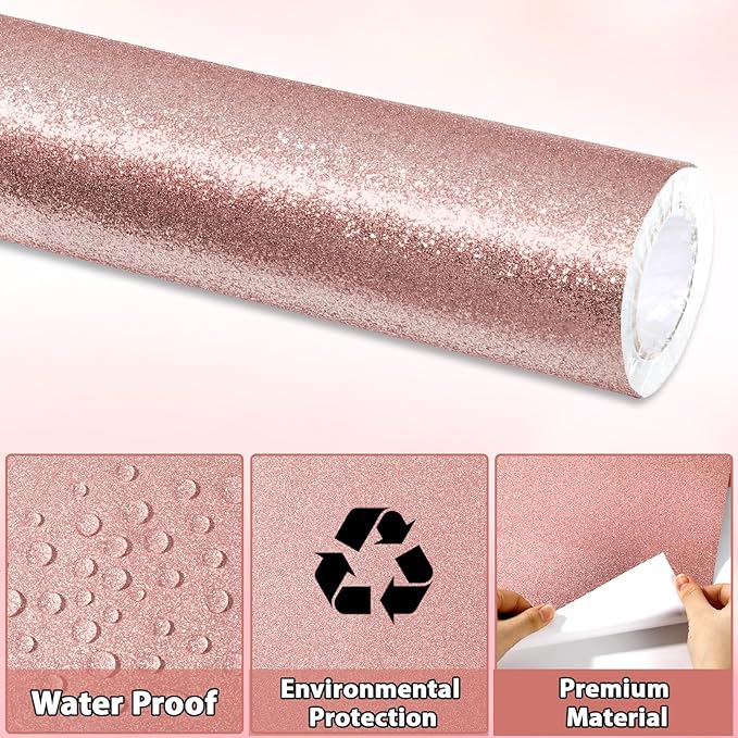 Glitter Bulletin Board Paper Roll Sparkle Wrapping Paper Bulletin Board Decor Glitter Poster Gift Wrapping DIY Art Crafts Wallpaper Background for Home Office Classroom Decoration 17"x20ft, Rose Gold