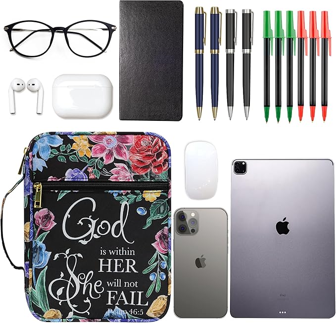 Bible Cover for Women, Bible Holder, Bible Cover Carrier Carrying Organizer Bag, God is Within Her She Will Not Fall, Zipper and Pockets for Standard Size Bible, Gift for Women（Chalk Drawing）