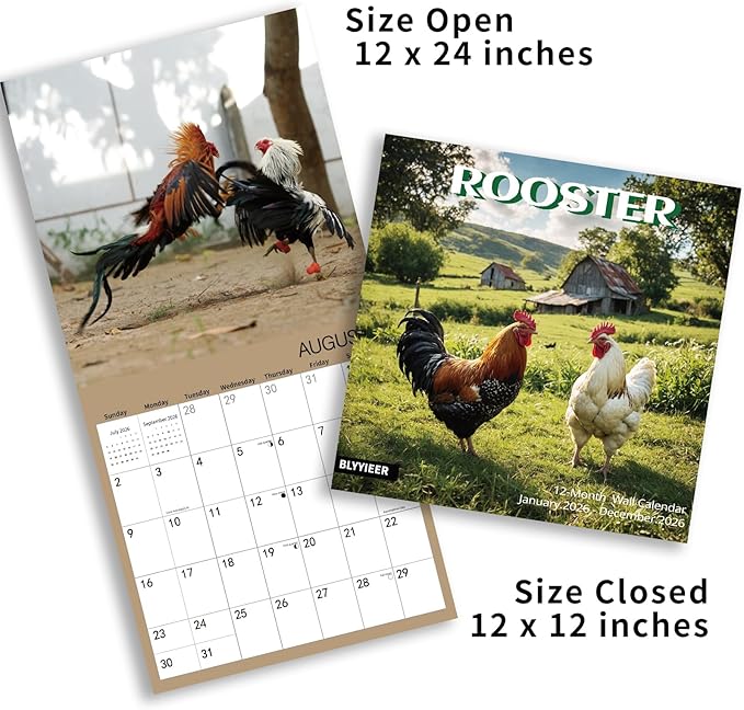 2026 Wall Calendar,Calendar 2026,Rooster Monthly Wall Calendar, 12" x 24" Open,Family Planner Calendar, Home & Office Organizer,Hangable