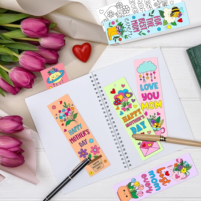 Mother's Day Color Your Own Bookmarks for Kids -120Pcs Happy Mother's Day DIY Coloring Bulk Blank Bookmark Classroom Art Craft Supplies for Students Sunday School Holiday Party Reward Goodie Fillers