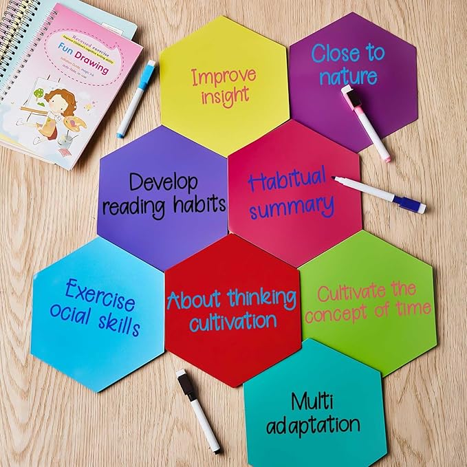 Gueevin 24 Pcs Hexagon Shape Magnetic Dry Erase Board Set 16 Hexagon Small Erase Board Magnet with 8 Dry Marker for Teachers Students, School Classroom Activity Planning, Rainbow Colors