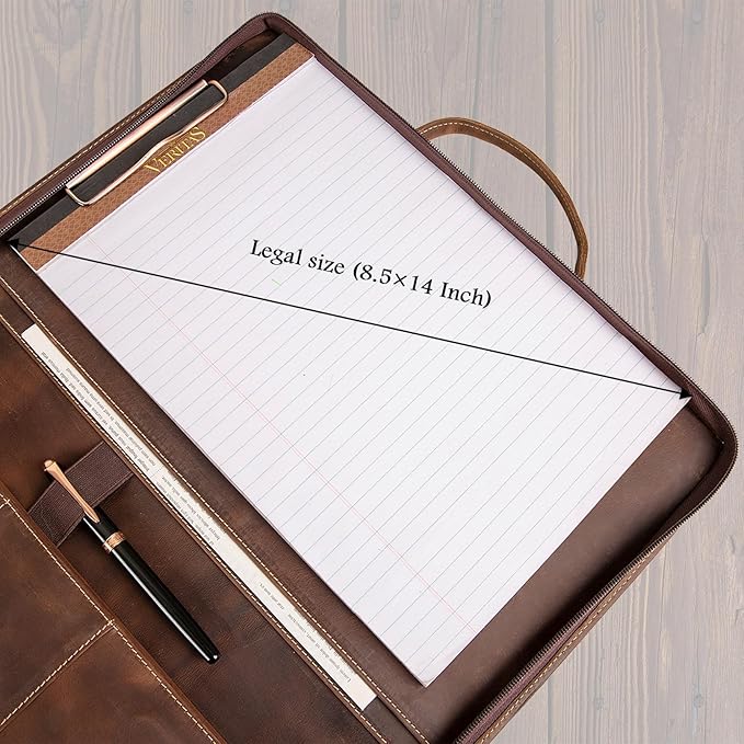 Genuine Leather Portfolio, Padfolio Organizer with Handle, Personalized Padfolio，Padfolio with Zipper for Men Women，Suitable for 15-inch Laptop Legal Pad Padfolio, Dark Khaki