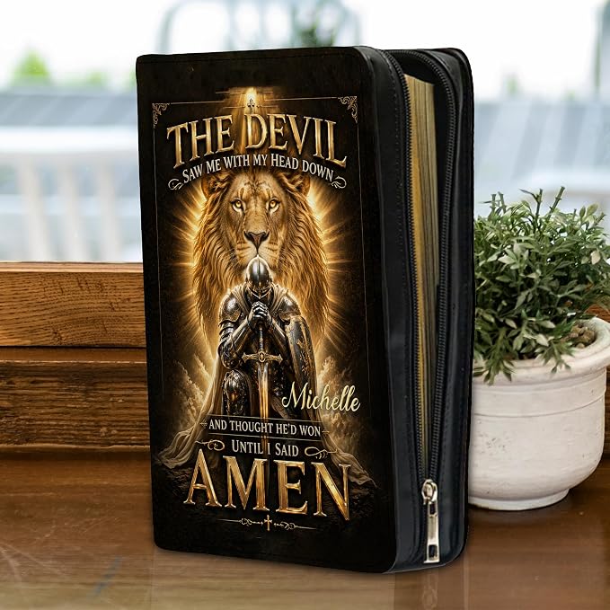 Personalized Man of God Bible Cover for Men, Christian PU Leather Bible Case with Handle Zipper, God Says I Am Warrior Scripture Bible Holder, Religious Gift for Men (Knee Before God)