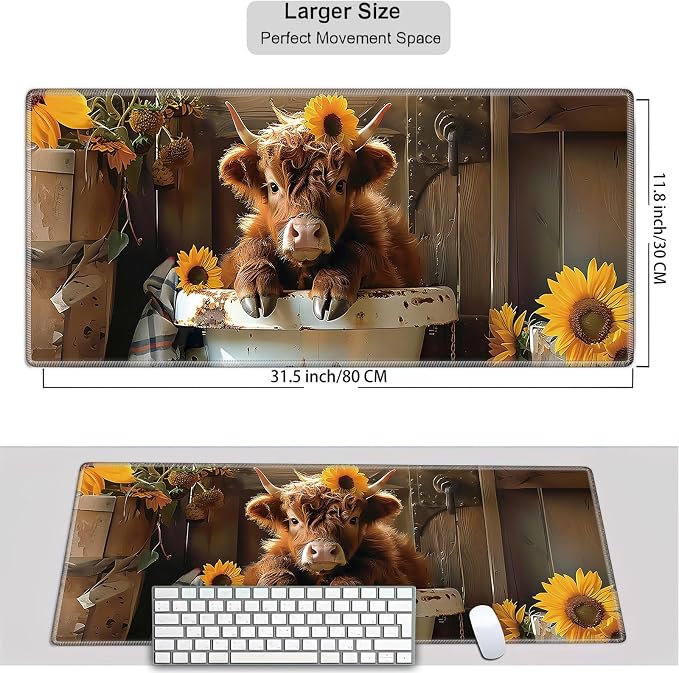 Mouse Pad Gaming Mousepad 31.5x11.8 Inch XXL Large + Coasters,Desk Mat with Stitched Edges, Non-Slip Rubber Base, Thick Mouse Pad for Computer, Laptop, Office & Home - Highland Cow Sunflower