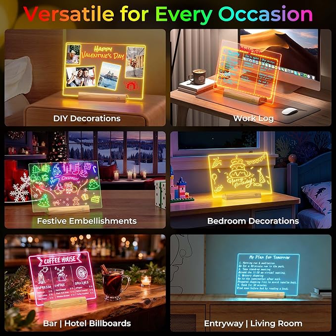 Rechargeable 11.8”×7.9” Glow Doodle LED Note Board with Colors,2 Modes&7 Colors with Remote Control,LED Drawing Board for Office/Café/Home Decor&Message,Birthday/Holiday Gifts,Wood Grain
