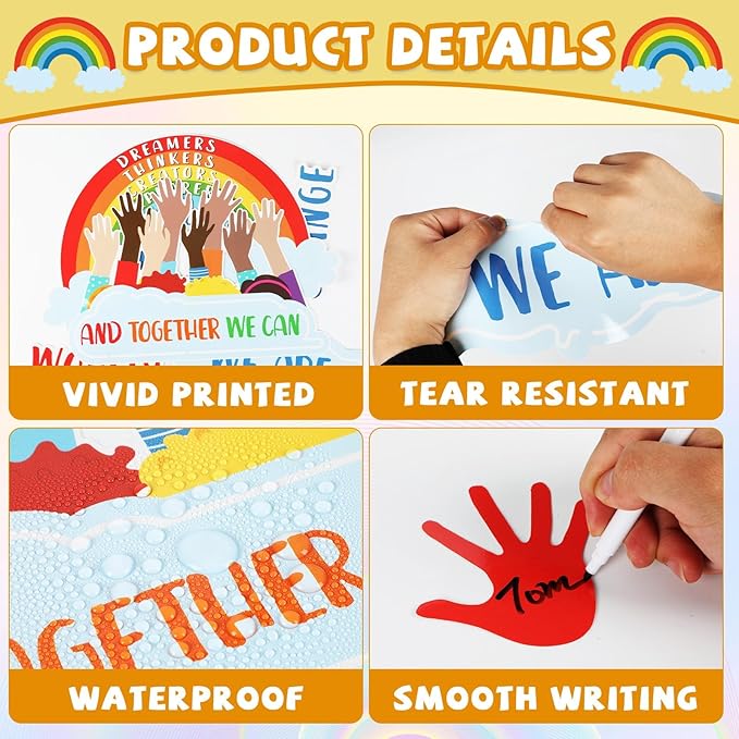 118 Pcs One World Together Classroom Decorations Positive Rainbow Cutouts Motivational Bulletin Board Set Inspirational Classroom Wall Chalkboard Door Decor for Back to School Teacher Supplies