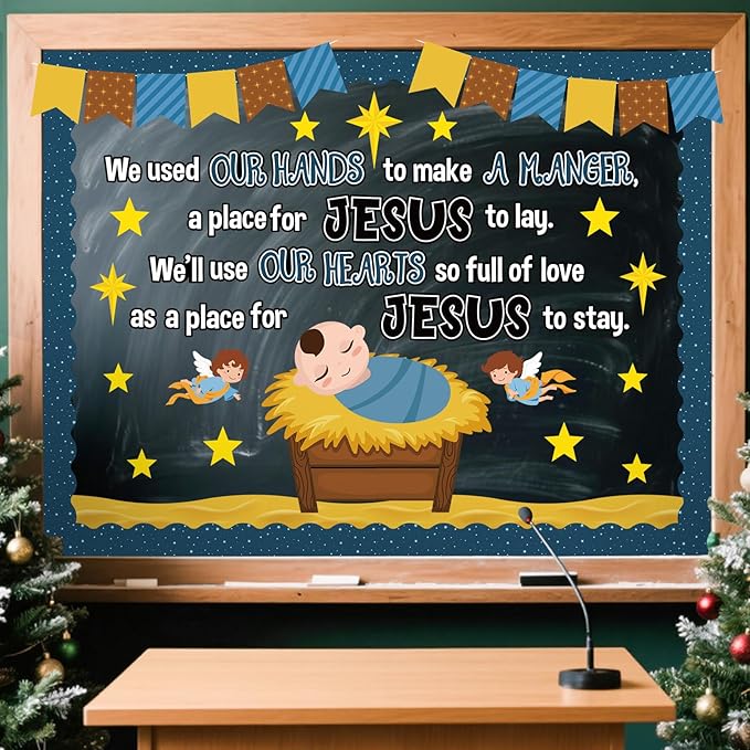 Christmas Baby Jesus Bulletin Board Set Christian Manger Classroom Decorations Religious Nativity Manger with Angels Cutouts for Holiday Church Sunday School Office Wall Display