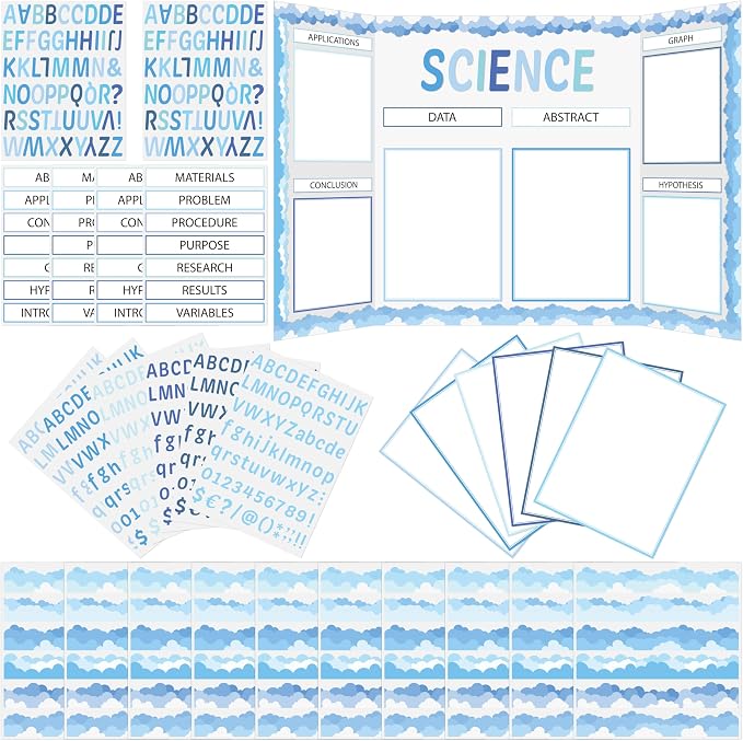 WATINC Science Fair Board Supplies, 96Pcs Back to School Self Adhesive Science Fair Project Set with 8 Letter Sticker 10 Presentation Subtitles, Bulletin Border Poster Decor for Classroom (Blue)