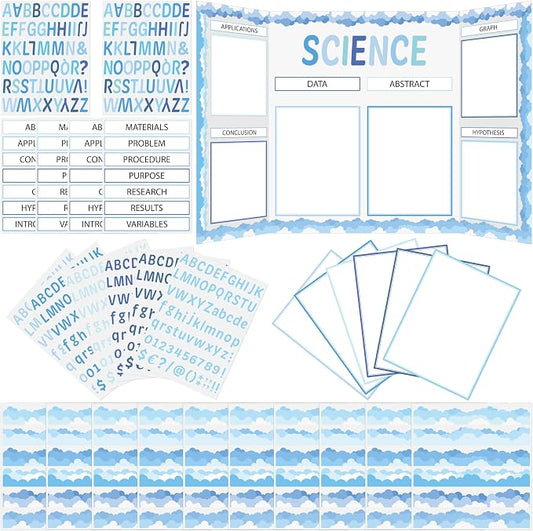 WATINC Science Fair Board Supplies, 96Pcs Back to School Self Adhesive Science Fair Project Set with 8 Letter Sticker 10 Presentation Subtitles, Bulletin Border Poster Decor for Classroom (Blue)