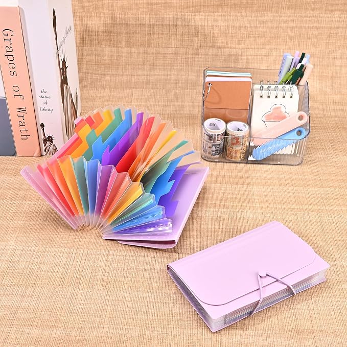 2Pcs Receipt Coupon Holder Organizer, 13 Pockets Small Accordian File Organizer, Expanding File Folder with Colorful Tabs, A6 Size for Cards, Check, Tickets, Monthly Bills Storage (Purple)