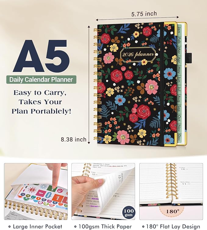 2026 Planner, Hardcover Weekly and Monthly Planner for Women, January 2026 - December 2026, Spiral Yearly Agenda Organizer Book 2026 with Tabs, Daily Calendar Planners for School Work Home, A5 (5.75" x 8.38"), Rose Floral