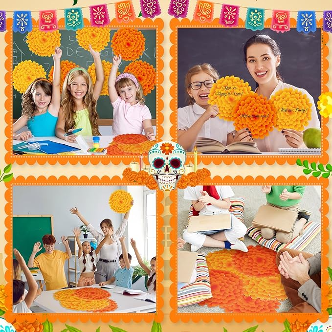 TaoBary 24 Pcs Day of The Dead Decorations Marigold Flower Paper Cutouts 7.09in Dia De Muertos Party Decorations Marigold Flower Bulletin Board Decor for Mexican Halloween Classroom Altar Wall Crafts
