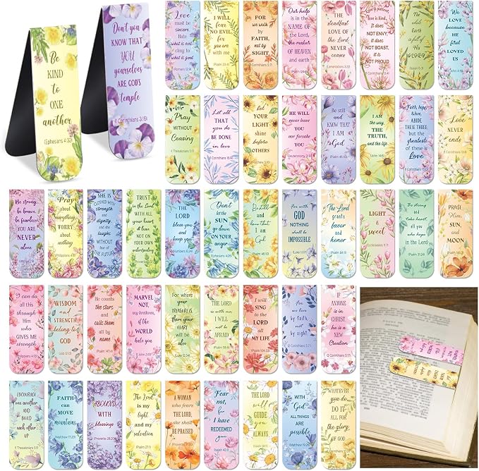 Zonon 48 Pcs Bible Verse Magnetic Christian Bookmarks, 0.8x4.7in Inspirational Scripture Book Markers for Women Men Religious Motivational Flower Page Clips Book Lovers Reading Gifts(Flower Style)